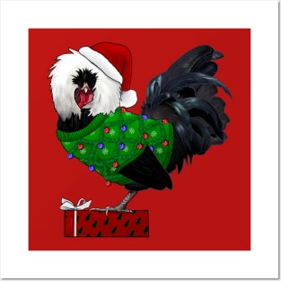 Black Polish Rooster In An Ugly Christmas Sweater And Santa Hat With Gift Posters and Art